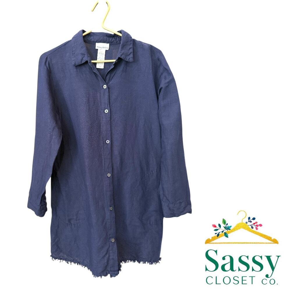 TOMMY BAHAMA Navy Linen Roll Tab Tunic Shirt Swim Cover Small EUC